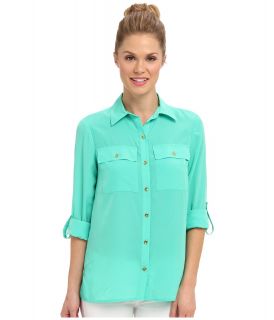 Jones New York Utility Pocket Shirt w/ Buttons Womens Long Sleeve Button Up (Blue)