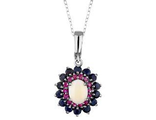 Sapphire, Ruby and Opal Pendant Necklace 7.0 Carats (ctw) in Sterling Silver with Chain Jewelry