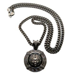 New Iced Out Hematite Medusa Circle Pendant w/6mm 36" Cuban Chain Necklace XP877HE CC Jewelry