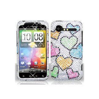 Silver Colorful Heart Bling Gem Jeweled Crystal Cover Case for HTC Droid Incredible 2 6350 Cell Phones & Accessories