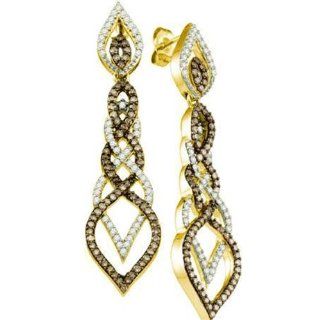 1.50 Carat (ctw) 10k Yellow Gold Round Brown & White Diamond Ladies Dangling Drop Earrings Jewelry