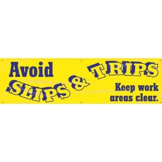 Accuform Signs MBR881 Reinforced Vinyl Motivational Safety Banner "Avoid SLIPS & TRIPS Keep work areas clear" with Metal Grommets, 28" Width x 8' Length, Black on Yellow Industrial Warning Signs