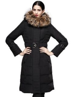 Maxchic Women's Raccoon Fur Collar Hooded Long Down Coat with Belt D10326Y13M, Black, Large Wool Outerwear Coats