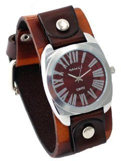 Nemesis #BCK098B Men's Wide Checker Brown Leather Cuff Band Red Dial Watch Watches