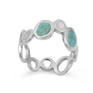 Rhodium Plated Sterling Silver Wedding & Engagement Ring Turquoise, Mother of Pearl Ladies Ring 10MM ( Size 5 to 9) Jewelry
