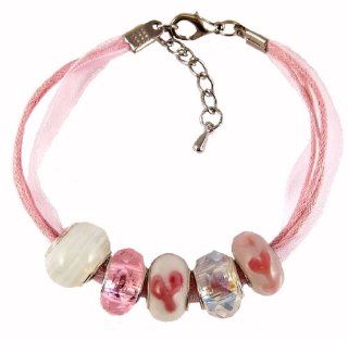 Organza & Cotton Cord Bracelet with 5 Bead Charms   Pink Ribbon Awareness (F279) Snake Charm Bracelets Jewelry