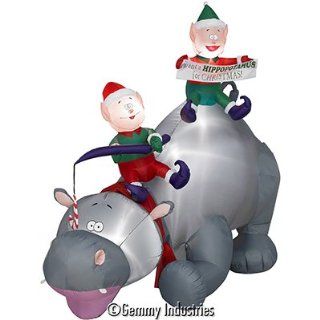 6ft Airblown Inflatable Christmas Hippo w/ Elves   Animated  Outdoor Decor  Patio, Lawn & Garden