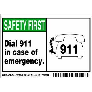 Brady 86859,  Equipment/Oem Labels, 3 1/2" Height x 5" Width, Black/Green on White, Legend "Diameterl 911 In Case Of Emergency."  (5 per Package)