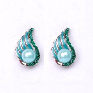Elegant Silver Plated Green Crystal Angel Wing Stud Earrings with a Turquoise Natural Fresh Pearl Jewelry