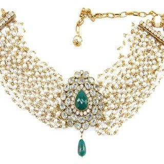 Zimaya "Maharani Emerald (Choker)" Multi layer pearl with Emerald Pendant Necklace By Zimaya Jewelry