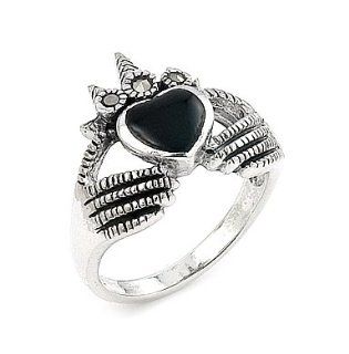 Sterling Silver Marcasite And Onyx Claddagh Ring Jewelry