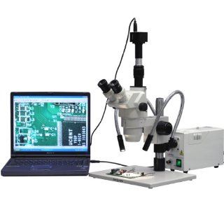 AmScope ZM 1TW3 FOD 8M 2X 225X XL Stand Manufacturing Inspection Zoom Stereo Microscope with Gooseneck Fiber Optical Lights + 8MP USB Digital Camera