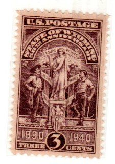 Postage Stamps United States. One Single 3 Cents Brown Violet, Wyoming State Seal Stamp, Wyoming Statehood Issue Dated 1940, Scott #897. 