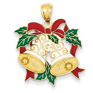 14K Enameled Holiday Bells & Holly Leaves Pendant Jewelry