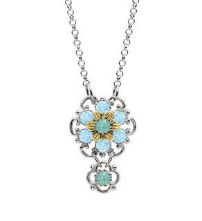 Victorian Style Flower Pendant by Lucia Costin with Twisted Lines and Dots, Crafted with Light Blue and Mint Blue Swarovski Crystals; .925 Sterling Silver with 24K Yellow Gold over .925 Sterling Silver Jewelry Products Jewelry