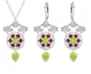 Fabulous Floral Jewelry Set Pendant and Earrings by Lucia Costin with 6 Petal Flowers, Dots, Light Green and Violet Swarovski Crystals; .925 Sterling Silver with 24K Yellow Gold over .925 Sterling Silver; Handmade in USA Jewelry