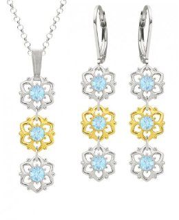 Jewelry Set Pendant and Earrings by Lucia Costin with 6 Petal Flowers Surrounded by Dots and Light Blue Swarovski Crystals; .925 Sterling Silver with 24K Yellow Gold over .925 Sterling Silver; Handmade in USA Jewelry