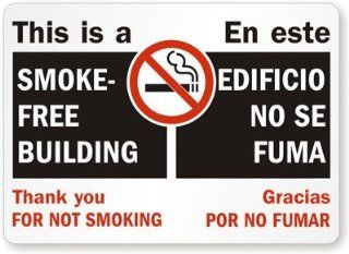 SmartSign Aluminum Sign, Legend "This is a Smoke Free Building", Bilingual Sign with Graphic, 10" high x 14" wide, Black/Red on White