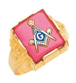Mens 10k Yellow Gold Freemason Masonic Ring a Red Stone Jewelry