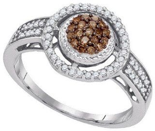 0.35 Carat (ctw) 10K White Gold Round Cut White & Cognac Diamond Ladies Micro Pave Right Hand Ring 1/3 CT Jewelry