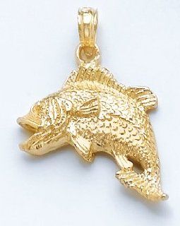 14k Gold Nautical Necklace Charm Pendant, Bass Fish Jumping Million Charms Jewelry