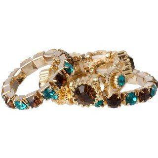 Gold Tone Blue Zircon and Topaz Crystal Stacking Stretch Ring Trio Jewelry
