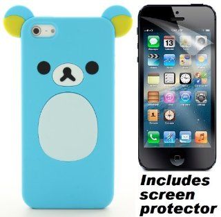 Blue Teddy Bear Soft Silicone Gel Skin Cover Case & Screen Protector for Apple iPhone 5 Cell Phones & Accessories