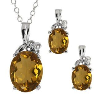 4.62 Ct Oval Whiskey Quartz Gemstone Sterling Silver Pendant Earrings Set Jewelry