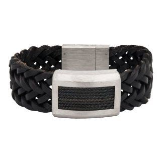 Inox Mens Black Braided Leather Steel Clasp 8.5" Bracelet w/ Cable Inlay BR9955 Jewelry