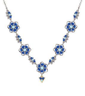 Superb Necklace by Lucia Costin with Star Shaped Flowers Surrounded by Twisted Lines, Ornate with Fancy Charm, Light Blue and Blue Swarovski Crystals; .925 Sterling Silver with 24K Yellow Gold over .925 Sterling Silver Choker Necklaces Jewelry