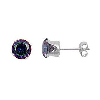 Glistening Sterling Silver 8 mm Round Stud Earrings with Rainbow Cubic Zirconias, 4 prong, brilliant cut Jewelry