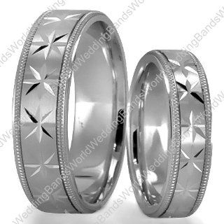 950 Palladium Hand Carved His and Her Wedding Bands Set, 7 mm and 5 mm Jewelry