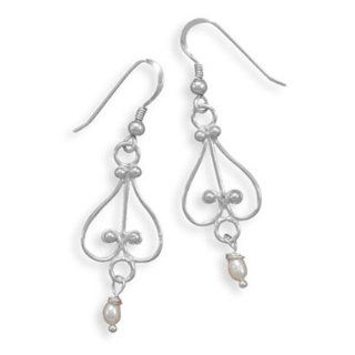 Scroll Wire Earrings with Beaded Design and Tiny Pearl Drop Sterling Silver Dangle Earrings Jewelry
