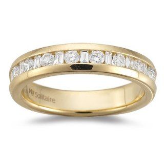1/2 (0.46 0.55) Cts VS2 Round & Baguette Diamond Wedding Band 18K Yellow Gold 6.5 Jewelry