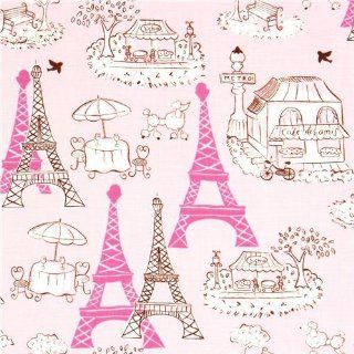 pink fabric Paris Eiffel Tower Bistro by Robert Kaufman (per 0.5 yard multiple)