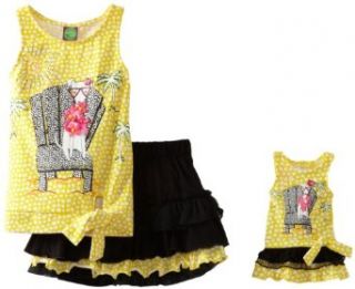 Dollie & Me Girls Sleeveless Tie Front Top With Tier Skirt And Matching Doll Garment, Yellow/Black, 7 Clothing