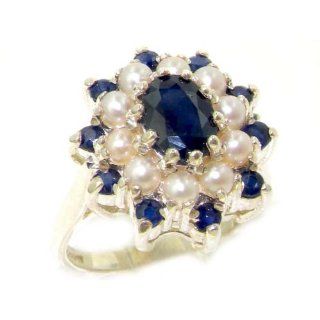 Fabulous Solid 14K White Gold Natural Sapphire & Pearl 3 Tier Large Cluster Ring   Finger Sizes 5 to 12 Available Jewelry