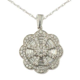 Diamond Round and Baguette Shape (SI1 SI2, G H) Pendant 0.90ct tw in 14K White Gold.With 14K Gold Chain. Jewelry