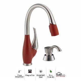Delta 9158 SR DST SD Stainless and Chili Pepper Fuse Pullout Spray Two Tone Kitchen Faucet with MagnaTite Docking, Diamond Seal and Touch Clean Technologies   Includes Soap Dispenser 9158 DST SD   Kitchen Sink Faucets  