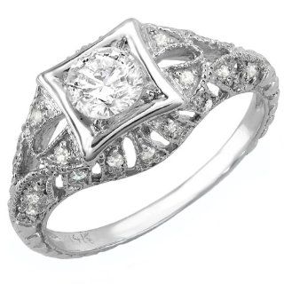 0.33 Carat (Ctw) 14k White Gold Round White Diamond Semi mount Engagement Antique Ring 1/3 CT (No Center Stone) Jewelry