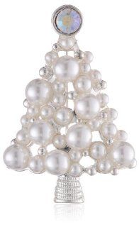 Silver Tone Christmas Tree Pearls Pin Jewelry