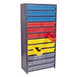 Closed Shelving Storage System with Euro Drawers (75" H x 36" W x 12" D) Bin Dimensions 4 5/8" H x 3 3/4" W x 11 5/8" D (qty. 108), Bin Color Blue   Garage Shelves  