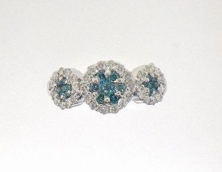 1.00 Carat (ctw) 14K White Gold Round Cut White & Blue Diamond Ladies Cluster Flower Engagement Ring 1 CT Jewelry