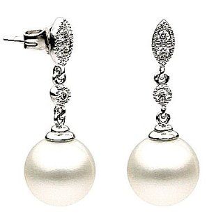 14kt Gold Freshwater Pearl and Diamond Drop Earrings 9 10mm Dangle Earrings Jewelry