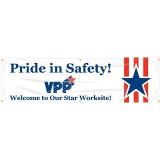 Accuform Signs MBR965 Reinforced Vinyl Motivational VPP Banner "Pride In Safety Welcome To Our Star Worksite" with Metal Grommets, 28" Width x 8' Length, Blue/Red on White Industrial Warning Signs