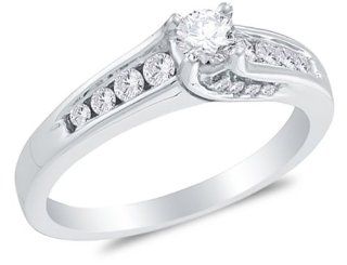 14K White Gold Diamond Classic Traditional Engagement Ring   Solitaire Setting w/ Channel Set Round Diamonds (1/2 cttw, 1/5 ct Center) Jewelry