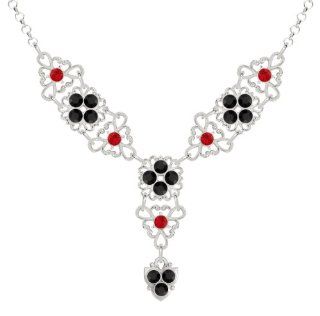 .925 Sterling Silver Necklace by Lucia Costin Embellished with Triangle Shaped Filigree Ornaments, Red, Black Swarovski Crystals and 3 Suspended Stones; Handmade in USA Collar Necklaces Jewelry