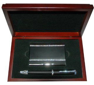 Black Metal Card Holder with Pen Set with Swarovski Crystal in Wood Box  Other Products 