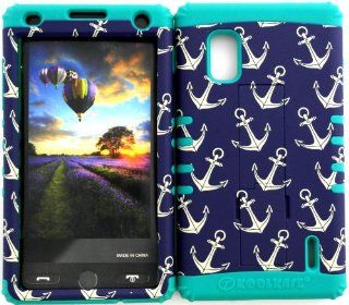 AT&T LG Optimus G E970 Hybrid 2 in 1 Anchor Pattern on Dark Blue Plastic Snap On + Teal Silicone Kickstand Cover Case Cell Phones & Accessories