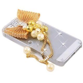 (TRAIT) Gold bowknot Transparent case Protective cover crystal Luxury DIY 3D bling diamond pearl rhinestone case for iphone 5 5s cover Cell Phones & Accessories